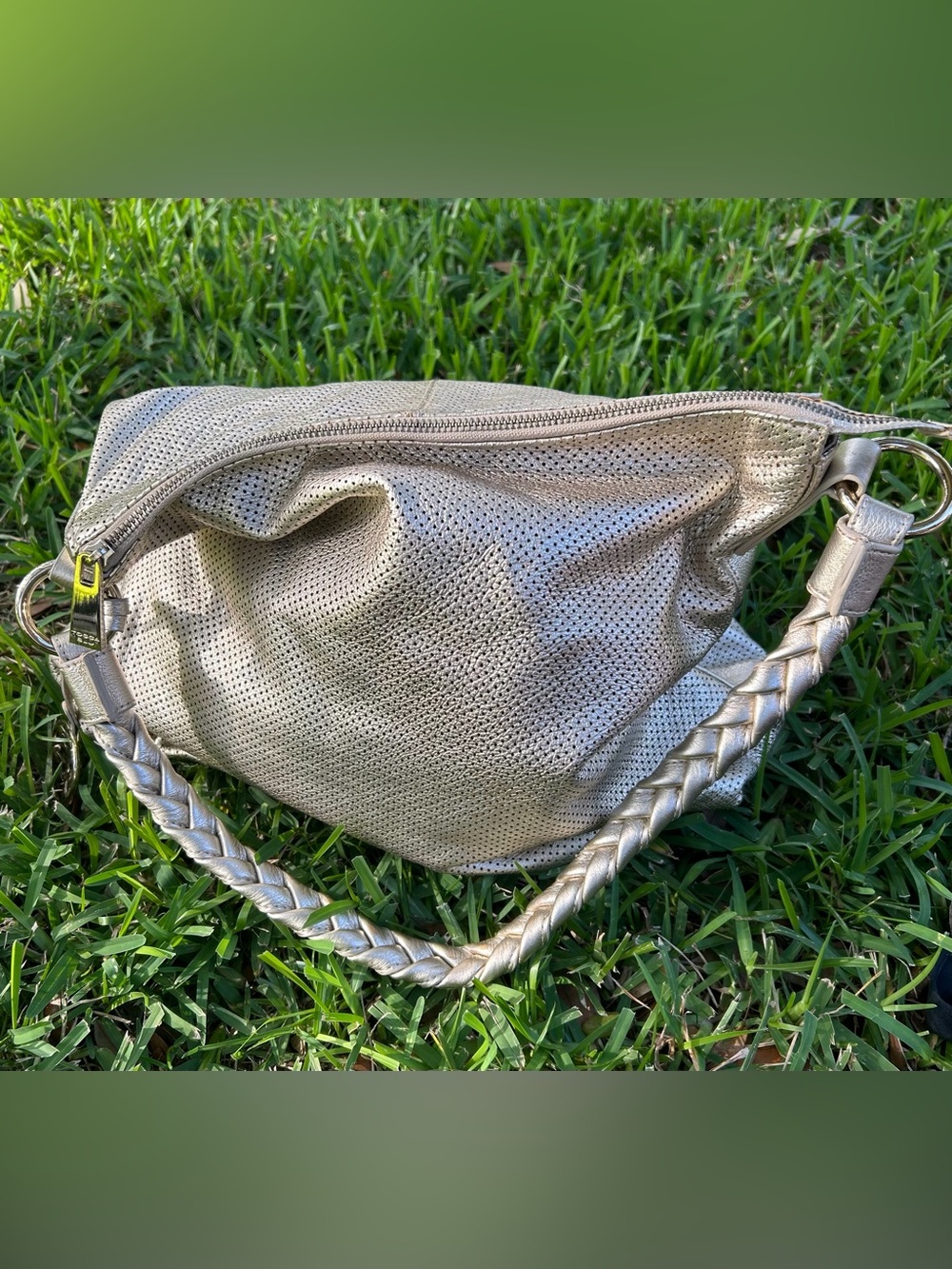 TOSCA BLU Metallic Gold Perforated Shoulder Bag with Braided Handle